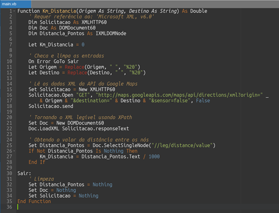 Exemplo de código VBA para cálculo de distância logística